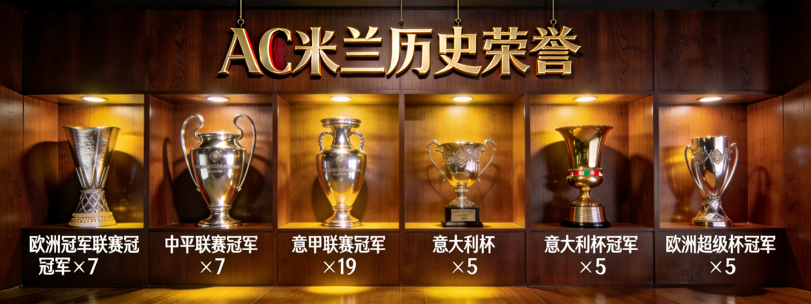 AC米兰历史荣誉墙展示众多冠军奖杯
